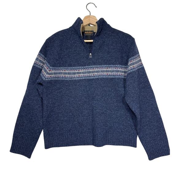 Woolrich Vintage 100% Lambswool 1/4 Zip Blue Fair Isle Sweater Size M Blue Wool - Picture 1 of 9